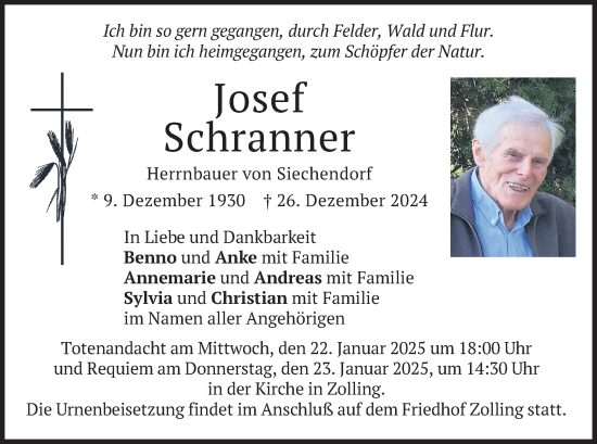 Traueranzeige von Josef Schranner von merkurtz