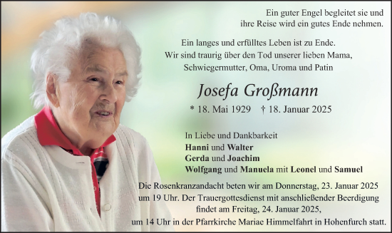 Traueranzeige von Josefa Großmann von merkurtz