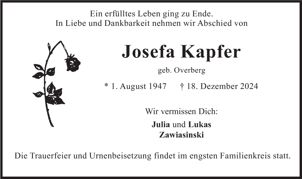  Traueranzeige für Josefa Kapfer vom 11.01.2025 aus merkurtz