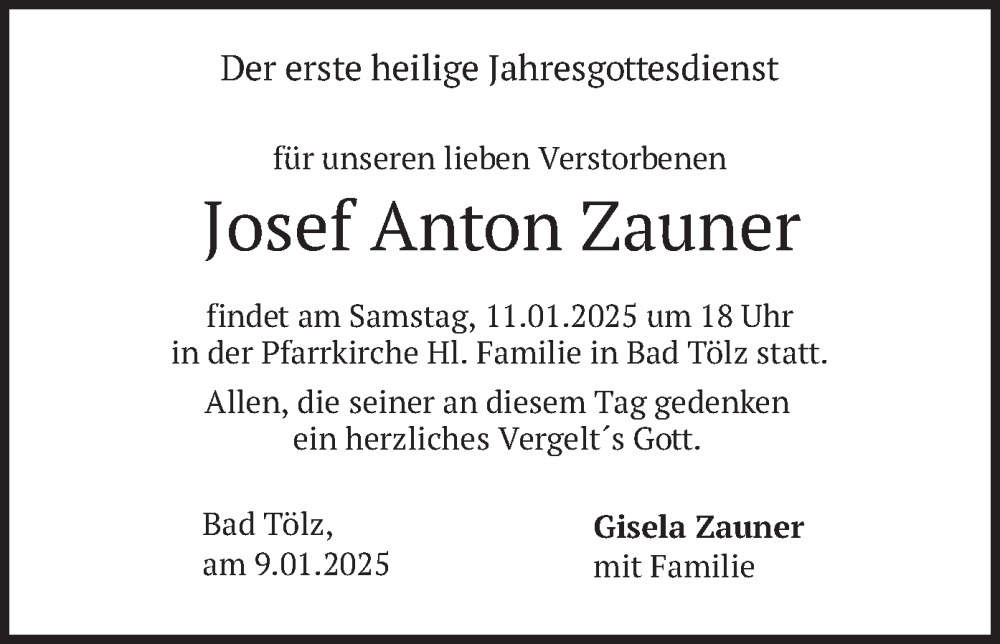  Traueranzeige für Josef Anton Zauner vom 09.01.2025 aus merkurtz
