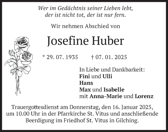 Traueranzeige von Josefine Huber von merkurtz