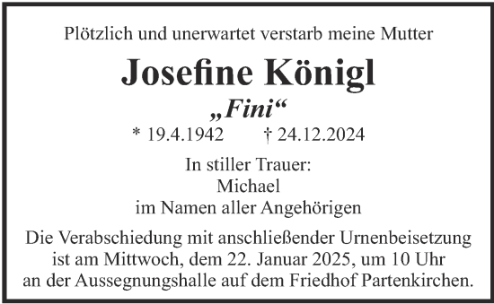 Traueranzeige von Josefine Königl von merkurtz