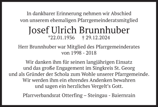 Traueranzeige von Josef Ulrich Brunnhuber von merkurtz