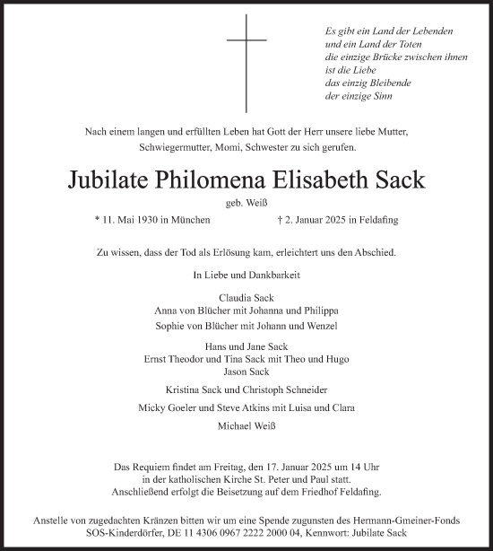 Traueranzeige von Jubilate Philomena Elisabeth Sack von merkurtz