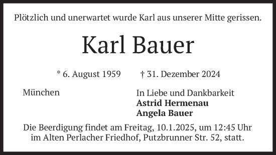 Traueranzeige von Karl Bauer von merkurtz