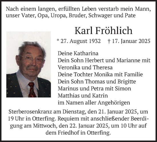 Traueranzeige von Karl Fröhlich von merkurtz