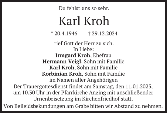 Traueranzeige von Karl Kroh von merkurtz