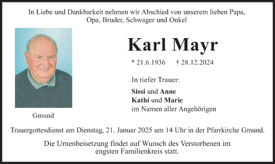 Traueranzeige von Karl Mayr von merkurtz
