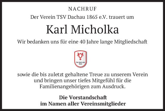 Traueranzeige von Karl Micholka von merkurtz