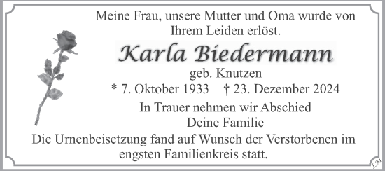Traueranzeige von Karla Biedermann von merkurtz