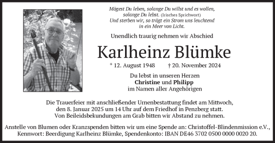 Traueranzeige von Karlheinz Blümke von Das Gelbe Blatt Penzberg