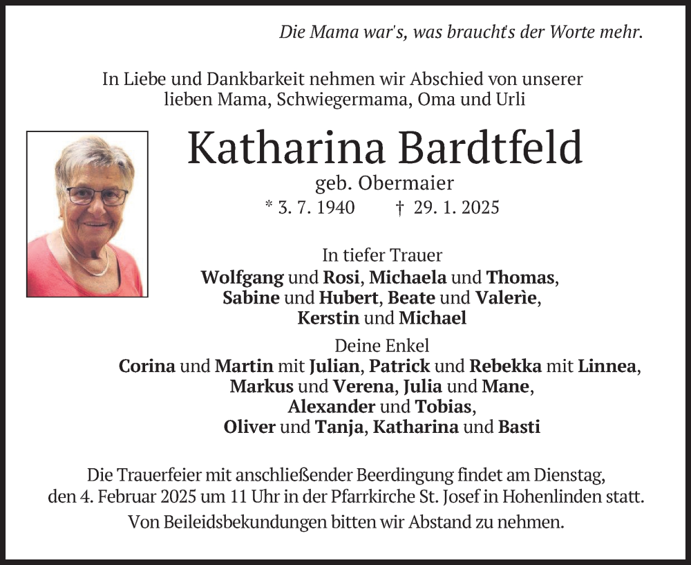  Traueranzeige für Katharina Bardtfeld vom 31.01.2025 aus merkurtz