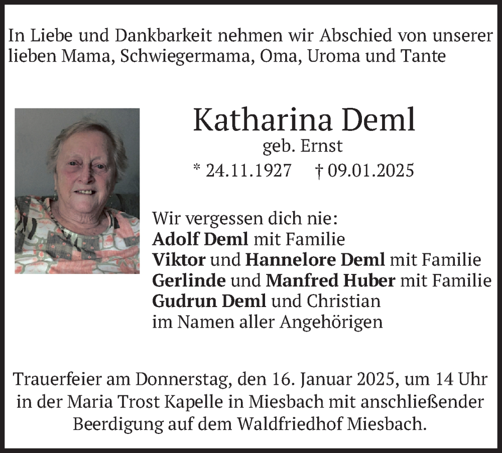  Traueranzeige für Katharina Deml vom 11.01.2025 aus merkurtz