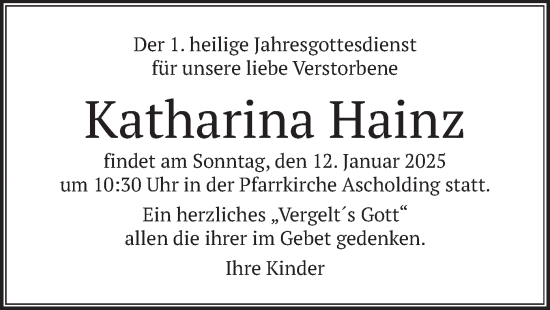 Traueranzeige von Katharina Hainz von merkurtz