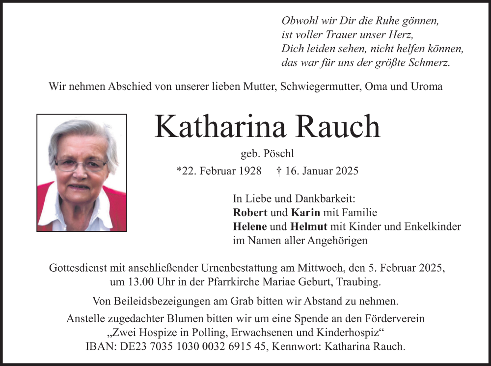  Traueranzeige für Katharina Rauch vom 25.01.2025 aus merkurtz