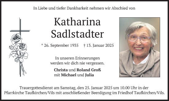 Traueranzeige von Katharina Sadlstadter von merkurtz