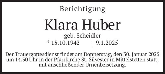 Traueranzeige von Klara Huber von merkurtz