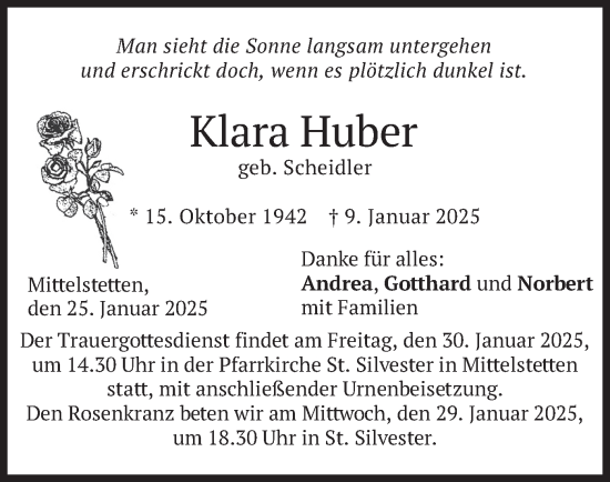 Traueranzeige von Klara Huber von merkurtz