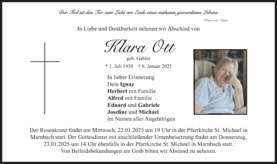 Traueranzeige von Klara Ott von merkurtz