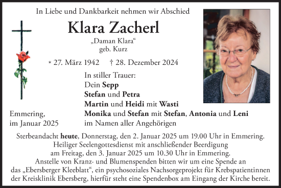 Traueranzeige von Klara Zacherl von merkurtz