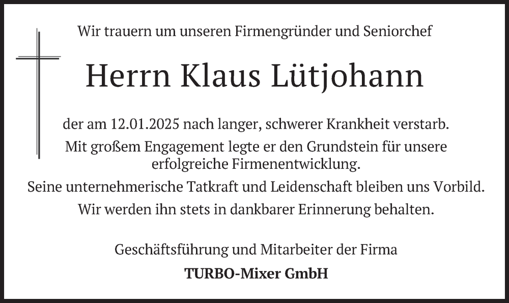  Traueranzeige für Klaus Lütjohann vom 25.01.2025 aus merkurtz