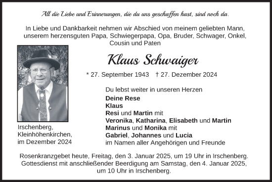 Traueranzeige von Klaus Schwaiger von merkurtz