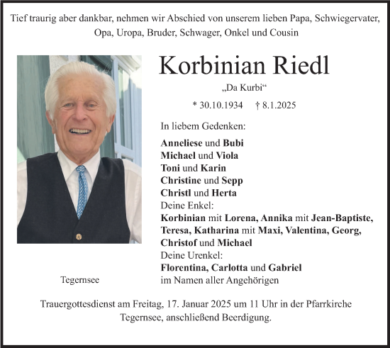 Traueranzeige von Korbinian Riedl von merkurtz