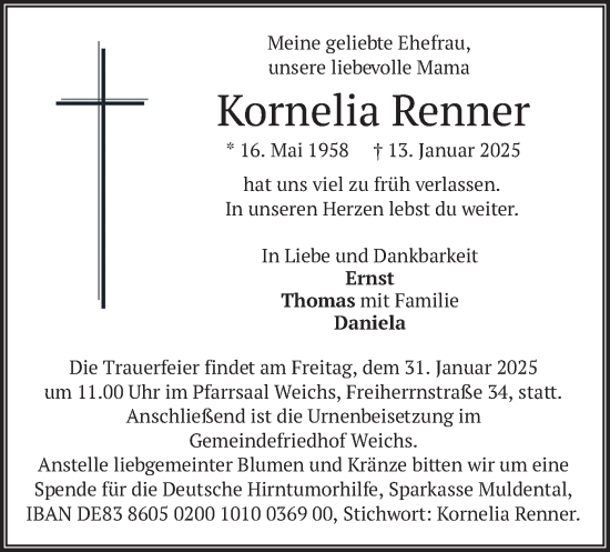 Traueranzeige von Kornelia Renner von merkurtz