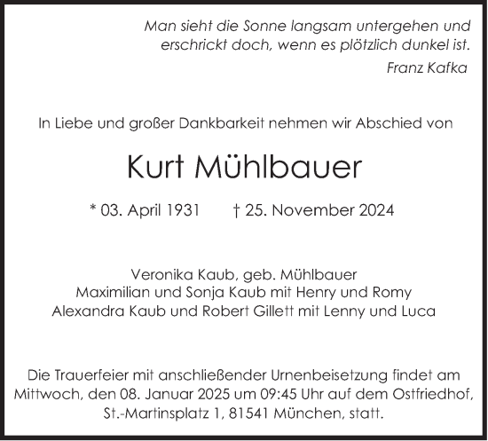 Traueranzeige von Kurt Mühlbauer von merkurtz