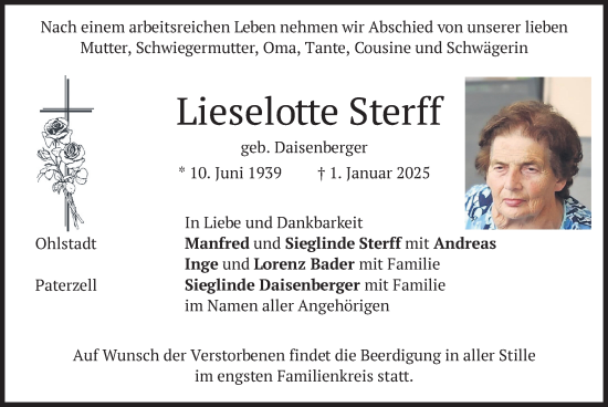 Traueranzeige von Lieselotte Sterff von merkurtz