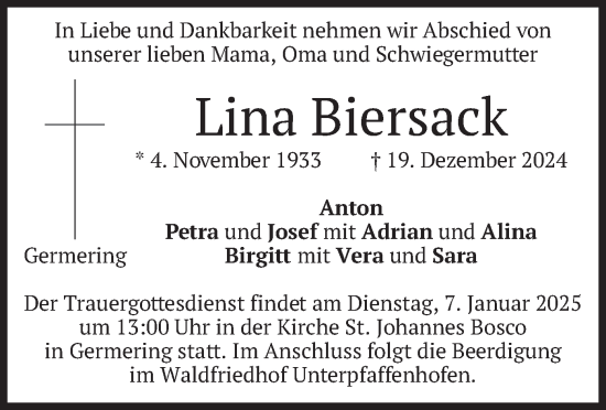 Traueranzeige von Lina Biersack von merkurtz