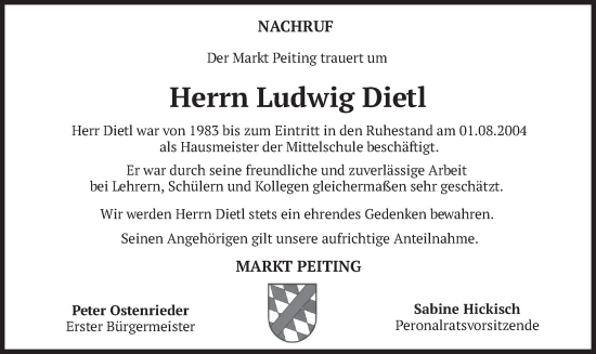 Traueranzeige von Ludwig Dietl von merkurtz