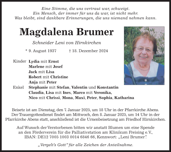 Traueranzeige von Magdalena Brumer von merkurtz