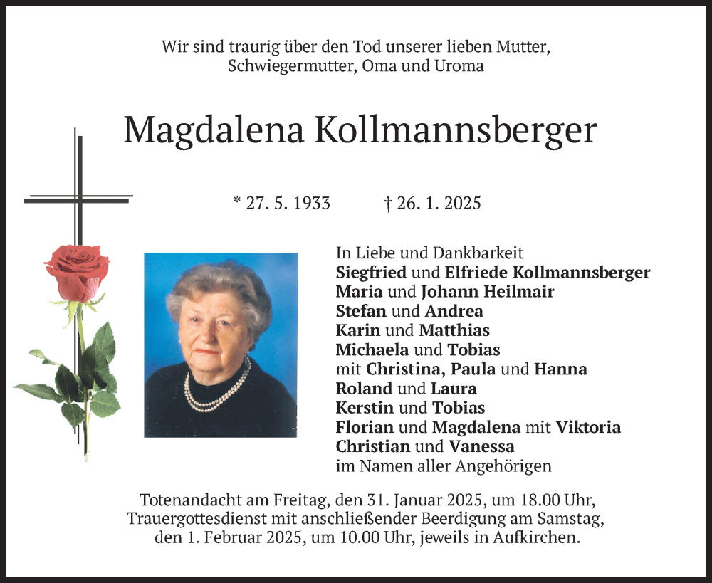  Traueranzeige für Magdalena Kollmannsberger vom 30.01.2025 aus merkurtz