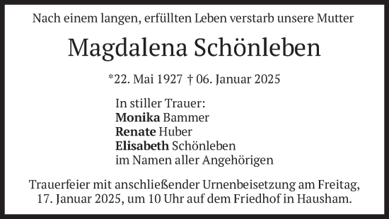 Traueranzeige von Magdalena Schönleben von merkurtz