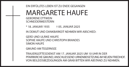 Traueranzeige von Margarete Haufe von merkurtz