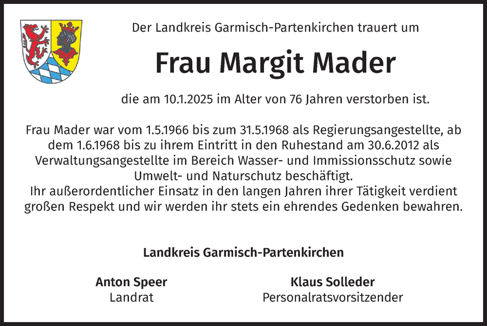  Traueranzeige für Margit Mader vom 23.01.2025 aus merkurtz