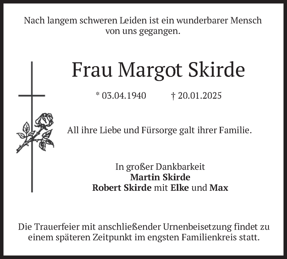 Traueranzeige für Margot Skirde vom 25.01.2025 aus merkurtz
