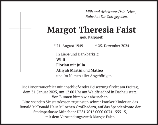 Traueranzeige von Margot Theresia Faist von merkurtz