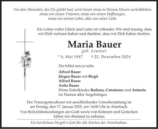 Traueranzeige von Maria Bauer von merkurtz
