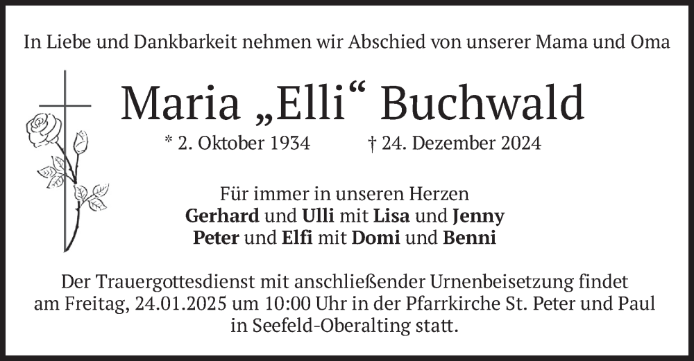  Traueranzeige für Maria Buchwald vom 18.01.2025 aus merkurtz