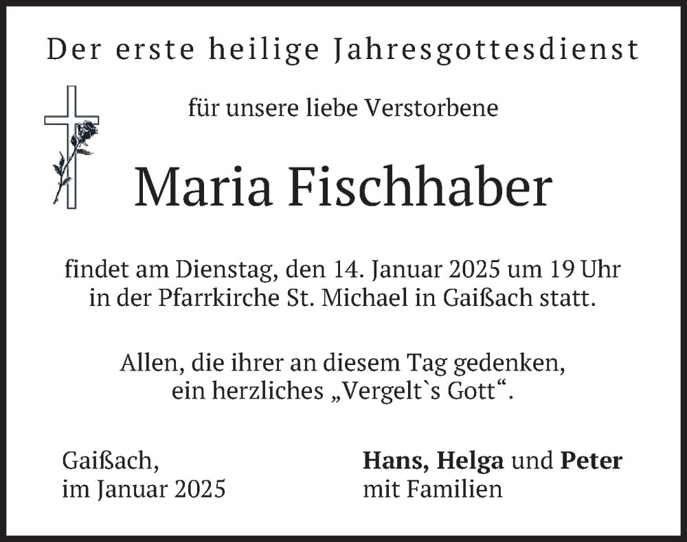  Traueranzeige für Maria Fischhaber vom 11.01.2025 aus merkurtz
