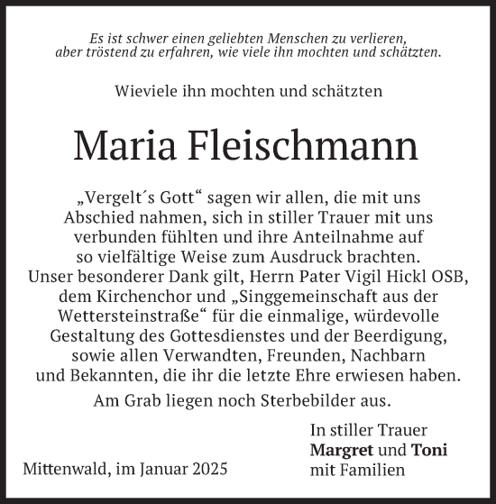Traueranzeige von Maria Fleischmann von merkurtz