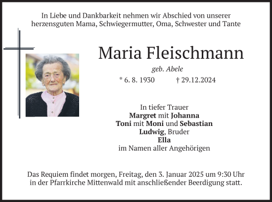 Traueranzeige von Maria Fleischmann von merkurtz