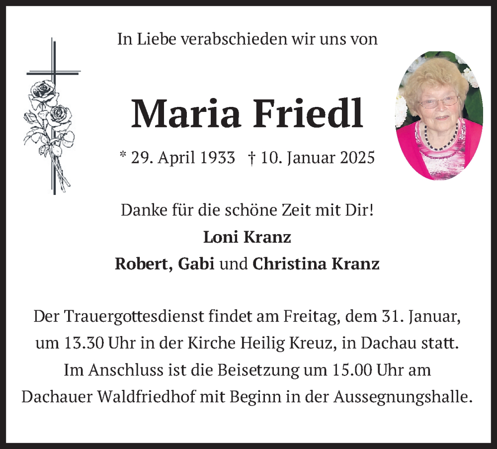 Traueranzeige für Maria Friedl vom 25.01.2025 aus merkurtz