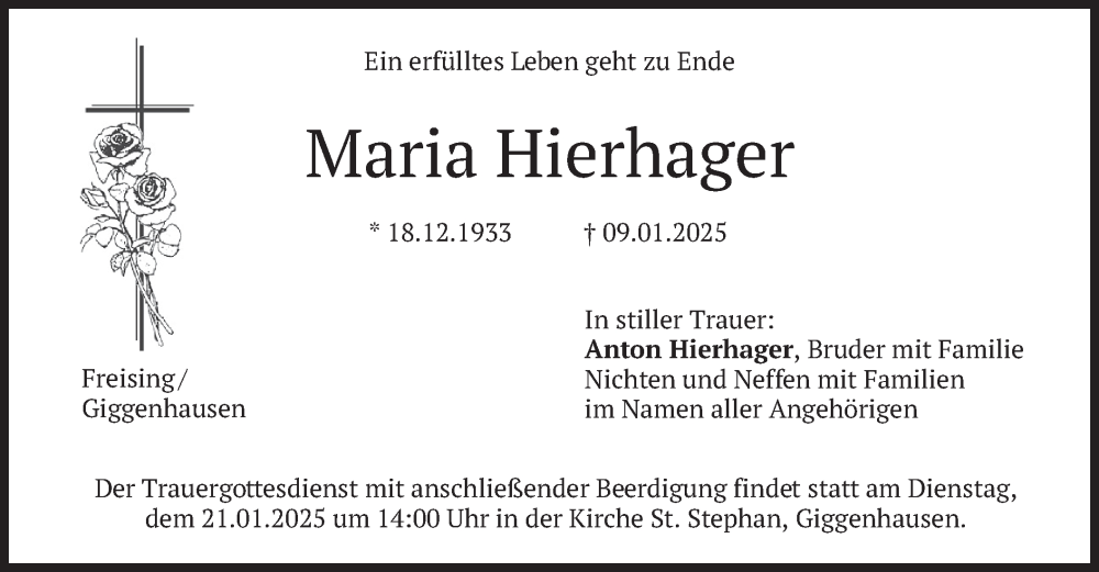  Traueranzeige für Maria Hierhager vom 18.01.2025 aus merkurtz