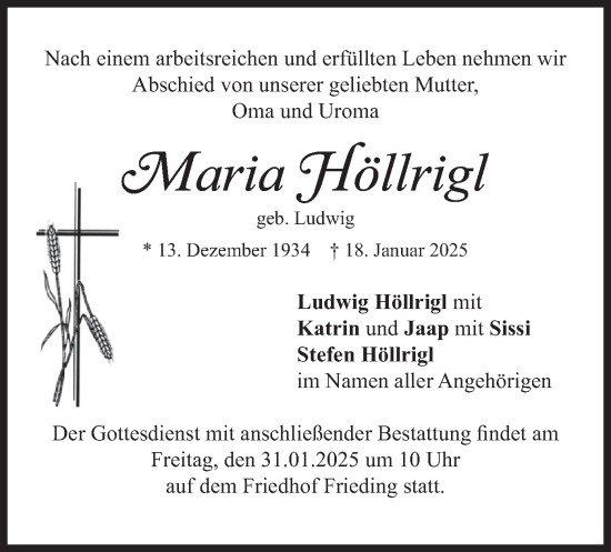 Traueranzeige von Maria Höllrigl von merkurtz