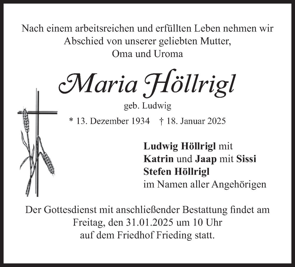  Traueranzeige für Maria Höllrigl vom 25.01.2025 aus merkurtz