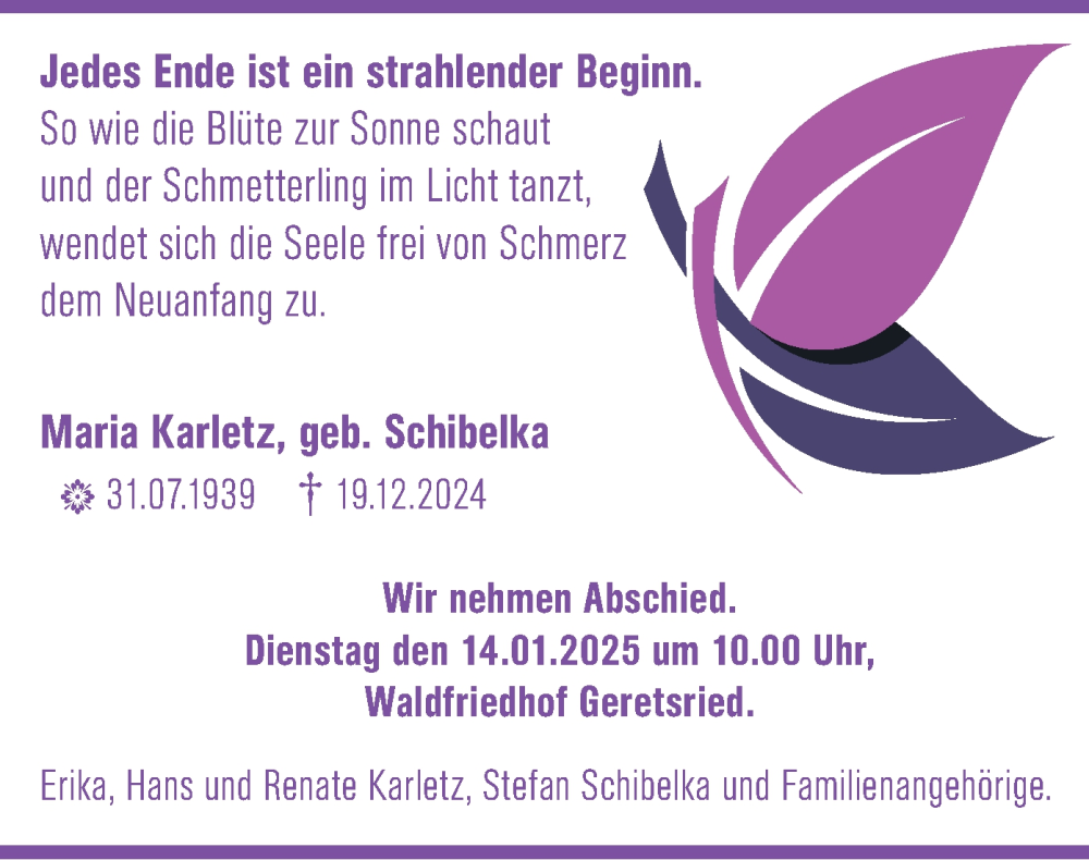  Traueranzeige für Maria Karletz vom 04.01.2025 aus merkurtz
