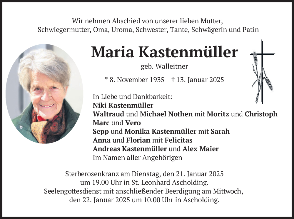  Traueranzeige für Maria Kastenmüller vom 18.01.2025 aus merkurtz